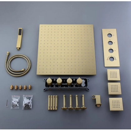 HMR - 16" Thermostatic Rain Shower System with Hand Shower & 3 Body Jet Sprays in Brushed Gold