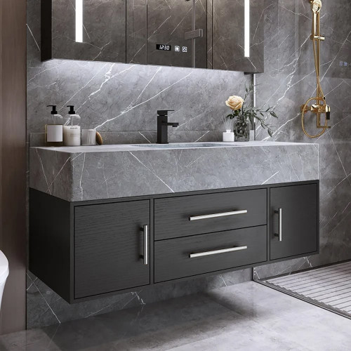 HMR 39" Modern Floating Stone Top Bathroom Vanity Set with Sink - Black/Silver, Wall Mounted