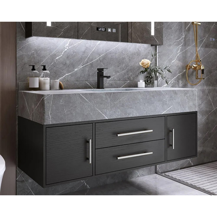 HMR 39" Modern Floating Stone Top Bathroom Vanity Set with Sink - Black/Silver, Wall Mounted
