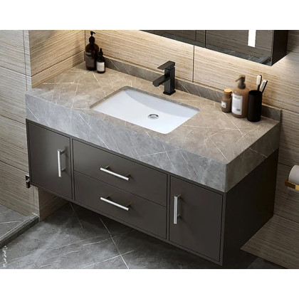 HMR 39" Modern Floating Stone Top Bathroom Vanity Set with Sink - Black/Silver, Wall Mounted