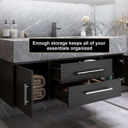 HMR 39" Modern Floating Stone Top Bathroom Vanity Set with Sink - Black/Silver, Wall Mounted