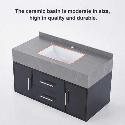 HMR 39" Modern Floating Stone Top Bathroom Vanity Set with Sink - Black/Silver, Wall Mounted