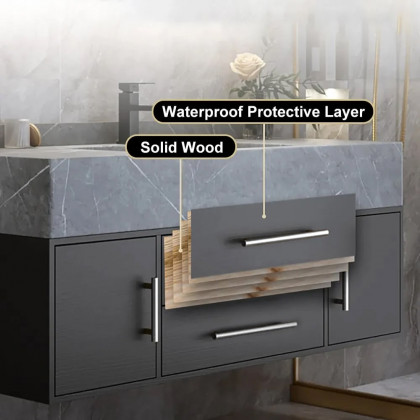 HMR 39" Modern Floating Stone Top Bathroom Vanity Set with Sink - Black/Silver, Wall Mounted