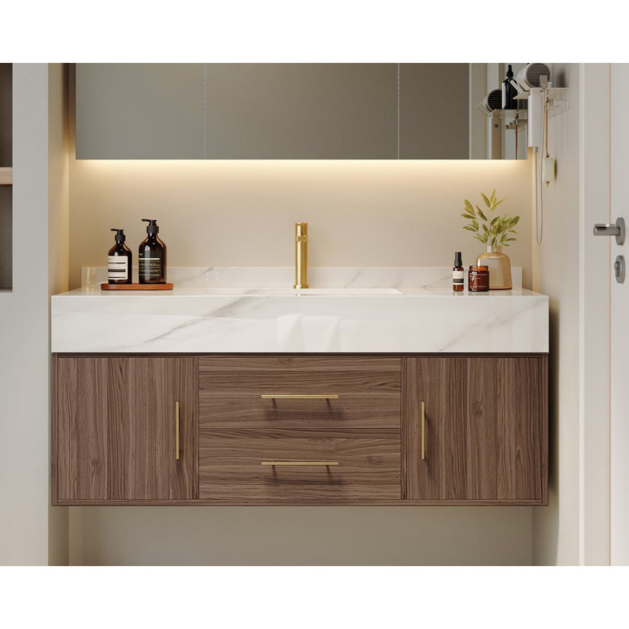 HMR 39" Modern Floating Stone Top Bathroom Vanity Set with Sink - Walnut/Gold, Wall Mounted