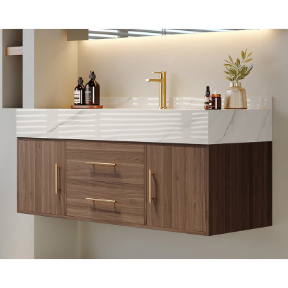 HMR 39" Modern Floating Stone Top Bathroom Vanity Set with Sink - Walnut/Gold, Wall Mounted