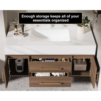 HMR 39" Modern Floating Stone Top Bathroom Vanity Set with Sink - Walnut/Gold, Wall Mounted