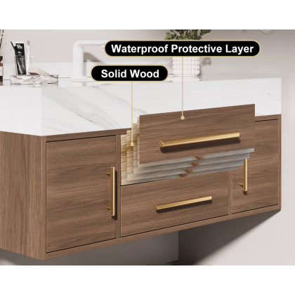 HMR 39" Modern Floating Stone Top Bathroom Vanity Set with Sink - Walnut/Gold, Wall Mounted