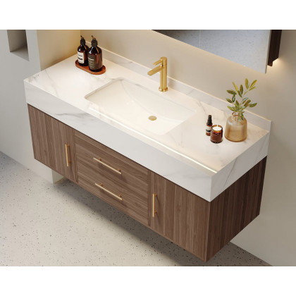 HMR 39" Modern Floating Stone Top Bathroom Vanity Set with Sink - Walnut/Gold, Wall Mounted