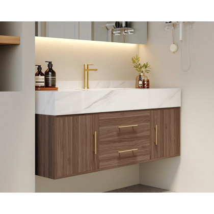 HMR 39" Modern Floating Stone Top Bathroom Vanity Set with Sink - Walnut/Gold, Wall Mounted