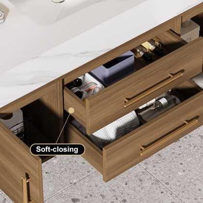 HMR 39" Modern Floating Stone Top Bathroom Vanity Set with Sink - Walnut/Gold, Wall Mounted