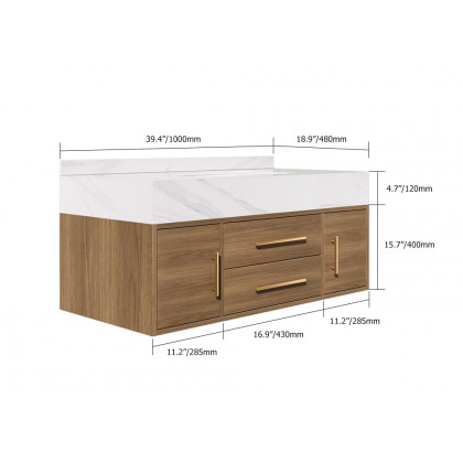 HMR 39" Modern Floating Stone Top Bathroom Vanity Set with Sink - Walnut/Gold, Wall Mounted