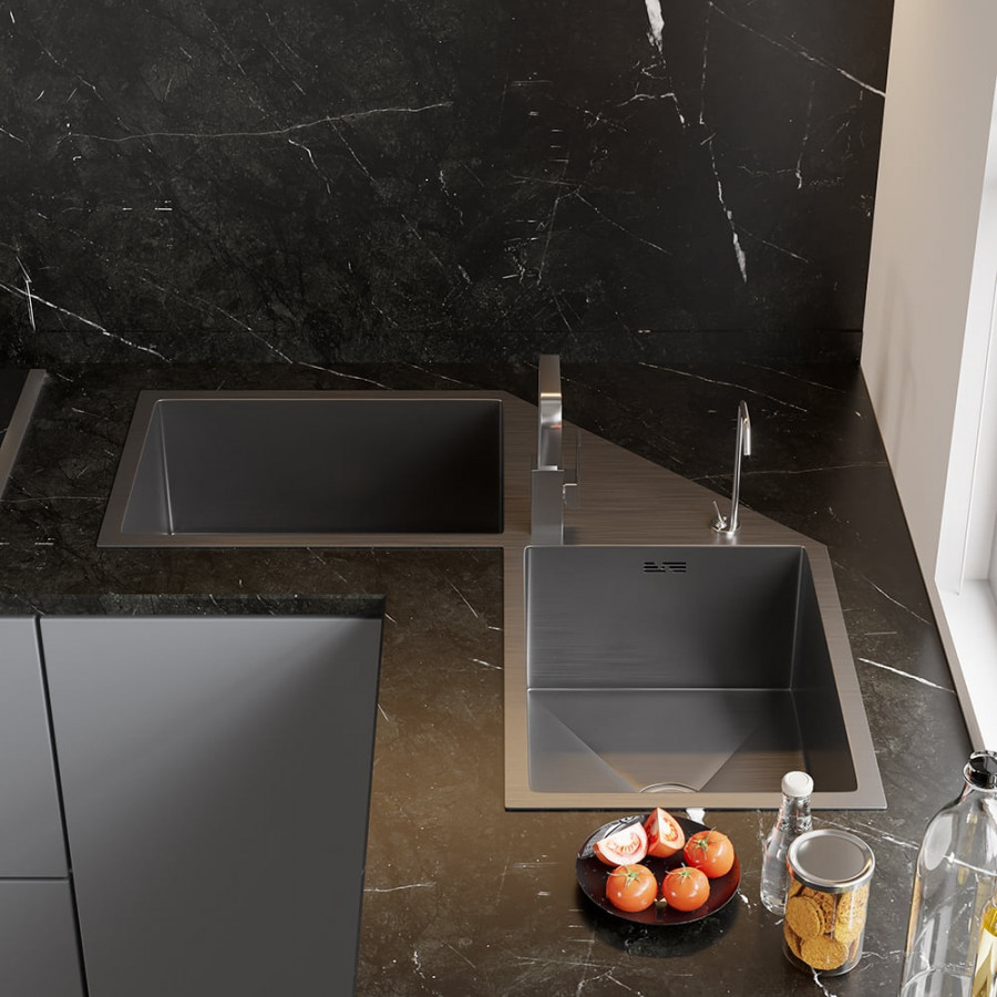 HMR - 34" Modern Drop In Butterfly Corner Kitchen Sink Double Bowls Stainless Steel in Black