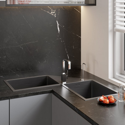 HMR - 34" Modern Drop In Butterfly Corner Kitchen Sink Double Bowls Stainless Steel in Black