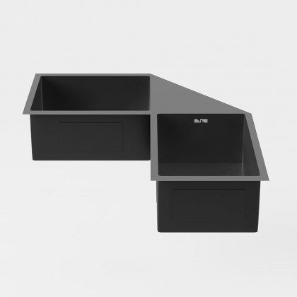 HMR - 34" Modern Drop In Butterfly Corner Kitchen Sink Double Bowls Stainless Steel in Black