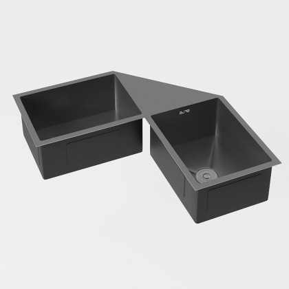 HMR - 34" Modern Drop In Butterfly Corner Kitchen Sink Double Bowls Stainless Steel in Black
