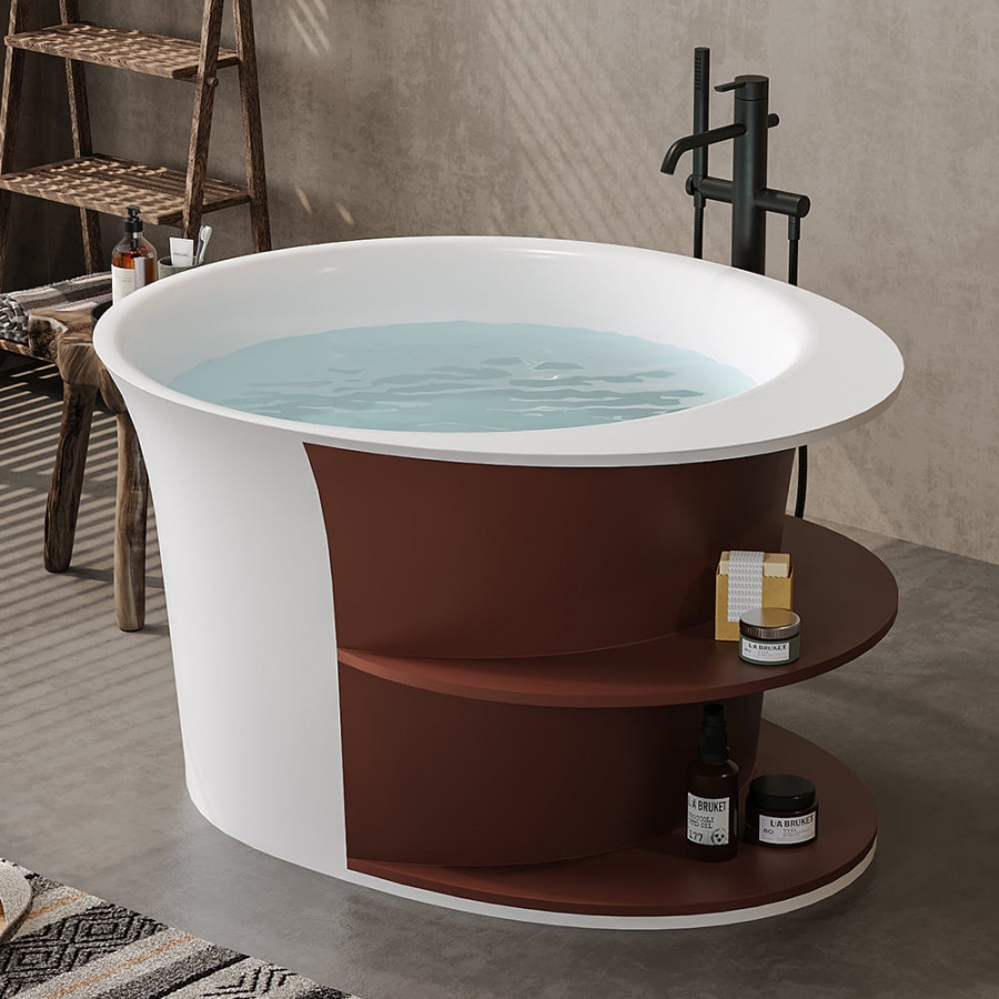 HMR - 47" Japanese Round Freestanding Soaking Bathtub with Storage White 70-Gallon Capacity