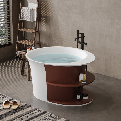 HMR - 47" Japanese Round Freestanding Soaking Bathtub with Storage White 70-Gallon Capacity