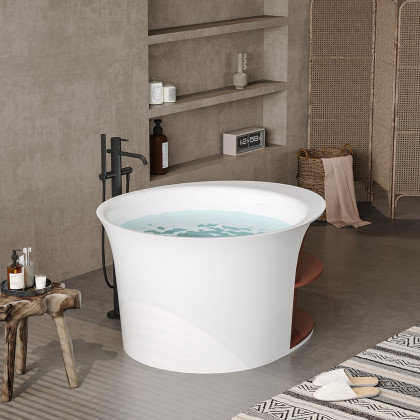 HMR - 47" Japanese Round Freestanding Soaking Bathtub with Storage White 70-Gallon Capacity
