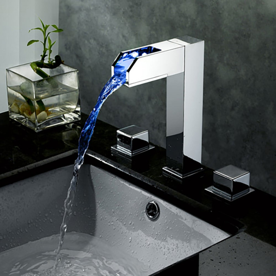 HMR - Modern Waterfall Bathroom Sink Faucet in Chrome Brass with LED Light