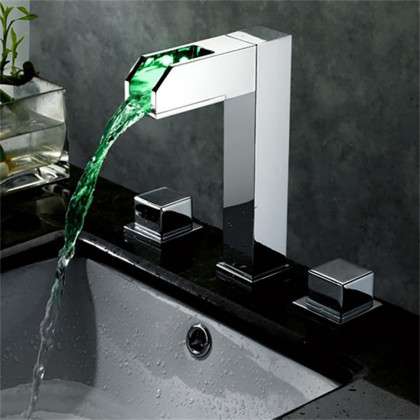HMR - Modern Waterfall Bathroom Sink Faucet in Chrome Brass with LED Light