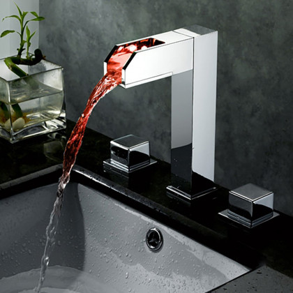 HMR - Modern Waterfall Bathroom Sink Faucet in Chrome Brass with LED Light