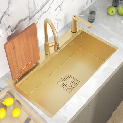 HMR - 31.5" Gold Drop-in Workstation Kitchen Sink with Accessories Single Bowl Stainless Steel