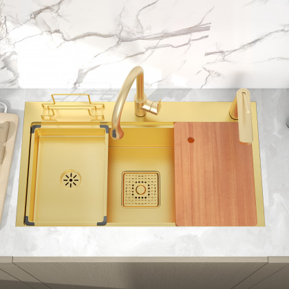 HMR - 31.5" Gold Drop-in Workstation Kitchen Sink with Accessories Single Bowl Stainless Steel