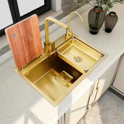HMR - 31.5" Gold Drop-in Workstation Kitchen Sink with Accessories Single Bowl Stainless Steel
