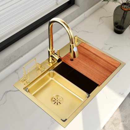 HMR - 31.5" Gold Drop-in Workstation Kitchen Sink with Accessories Single Bowl Stainless Steel