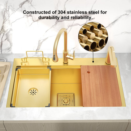 HMR - 31.5" Gold Drop-in Workstation Kitchen Sink with Accessories Single Bowl Stainless Steel
