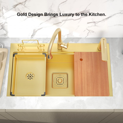 HMR - 31.5" Gold Drop-in Workstation Kitchen Sink with Accessories Single Bowl Stainless Steel