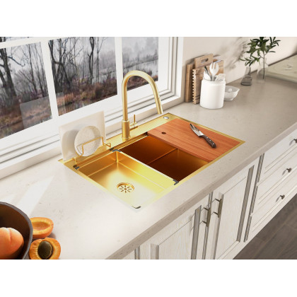 HMR - 31.5" Gold Drop-in Workstation Kitchen Sink with Accessories Single Bowl Stainless Steel
