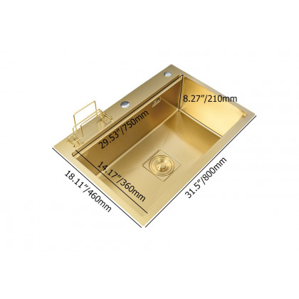 HMR - 31.5" Gold Drop-in Workstation Kitchen Sink with Accessories Single Bowl Stainless Steel
