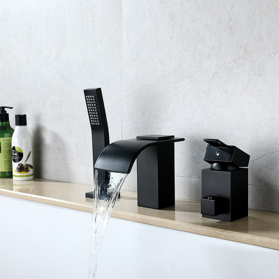 HMR - Modern Deck Mounted Waterfall Black Roman Tub Faucet & Hand Shower