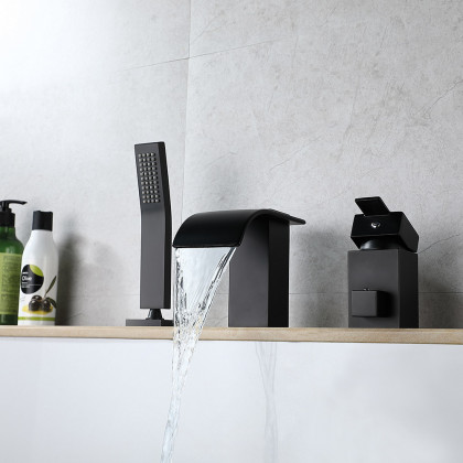 HMR - Modern Deck Mounted Waterfall Black Roman Tub Faucet & Hand Shower