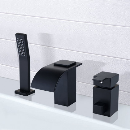 HMR - Modern Deck Mounted Waterfall Black Roman Tub Faucet & Hand Shower