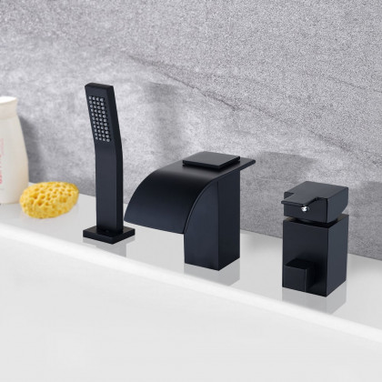 HMR - Modern Deck Mounted Waterfall Black Roman Tub Faucet & Hand Shower