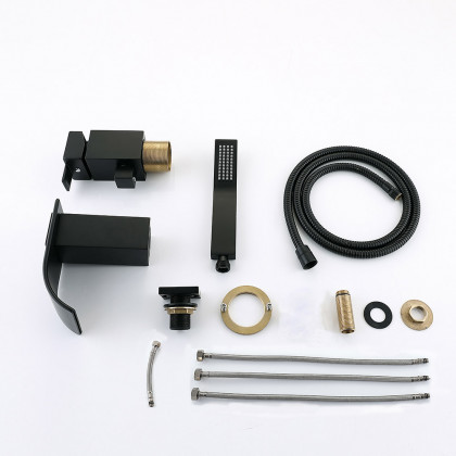 HMR - Modern Deck Mounted Waterfall Black Roman Tub Faucet & Hand Shower