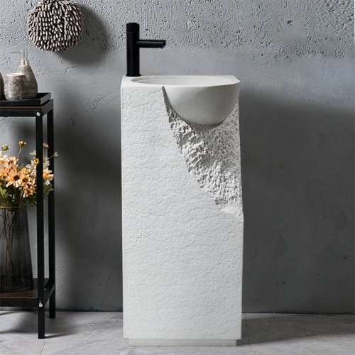 HMR 34" Tall Japandi Stone Resin Pedestal Bathroom Sink Farmhouse Freestanding Sink - White