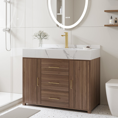 HMR 39" Modern Sintered Stone Top Bathroom Vanity Set with Sink - Walnut/Gold, Freestanding
