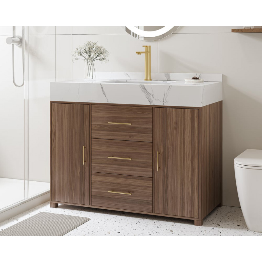 HMR 39" Modern Sintered Stone Top Bathroom Vanity Set with Sink - Walnut/Gold, Freestanding