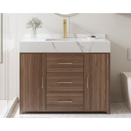 HMR 39" Modern Sintered Stone Top Bathroom Vanity Set with Sink - Walnut/Gold, Freestanding
