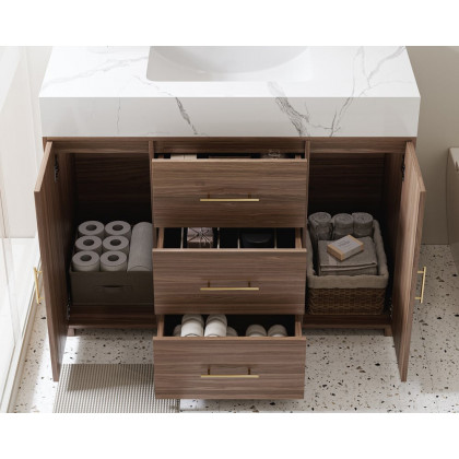 HMR 39" Modern Sintered Stone Top Bathroom Vanity Set with Sink - Walnut/Gold, Freestanding