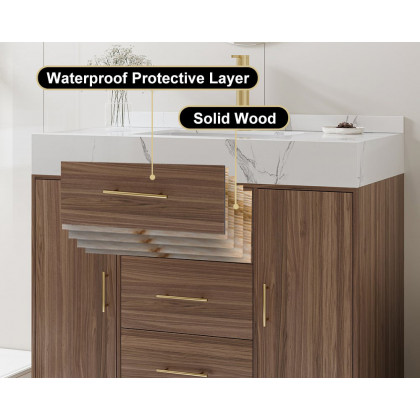 HMR 39" Modern Sintered Stone Top Bathroom Vanity Set with Sink - Walnut/Gold, Freestanding