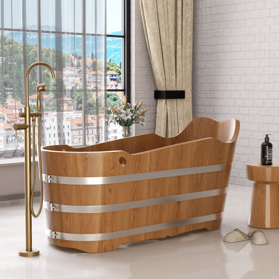 HMR - 59" Japanese Modern Oval Freestanding Oak Wood Soaking Bathtub Natural