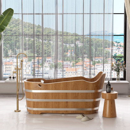 HMR - 59" Japanese Modern Oval Freestanding Oak Wood Soaking Bathtub Natural