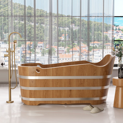 HMR - 59" Japanese Modern Oval Freestanding Oak Wood Soaking Bathtub Natural