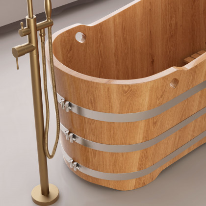 HMR - 59" Japanese Modern Oval Freestanding Oak Wood Soaking Bathtub Natural