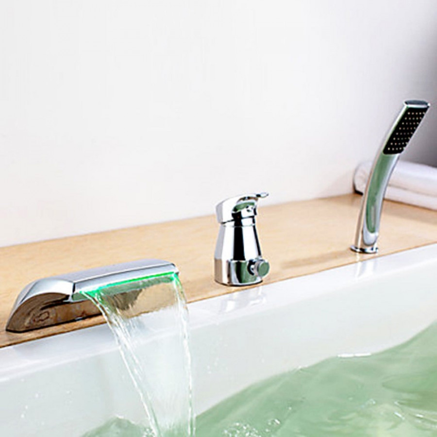 HMR - Waterfall Deck-Mount Modern Tub Faucet with Handshower in Chrome