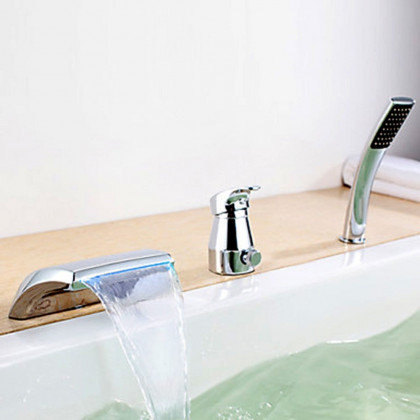 HMR - Waterfall Deck-Mount Modern Tub Faucet with Handshower in Chrome